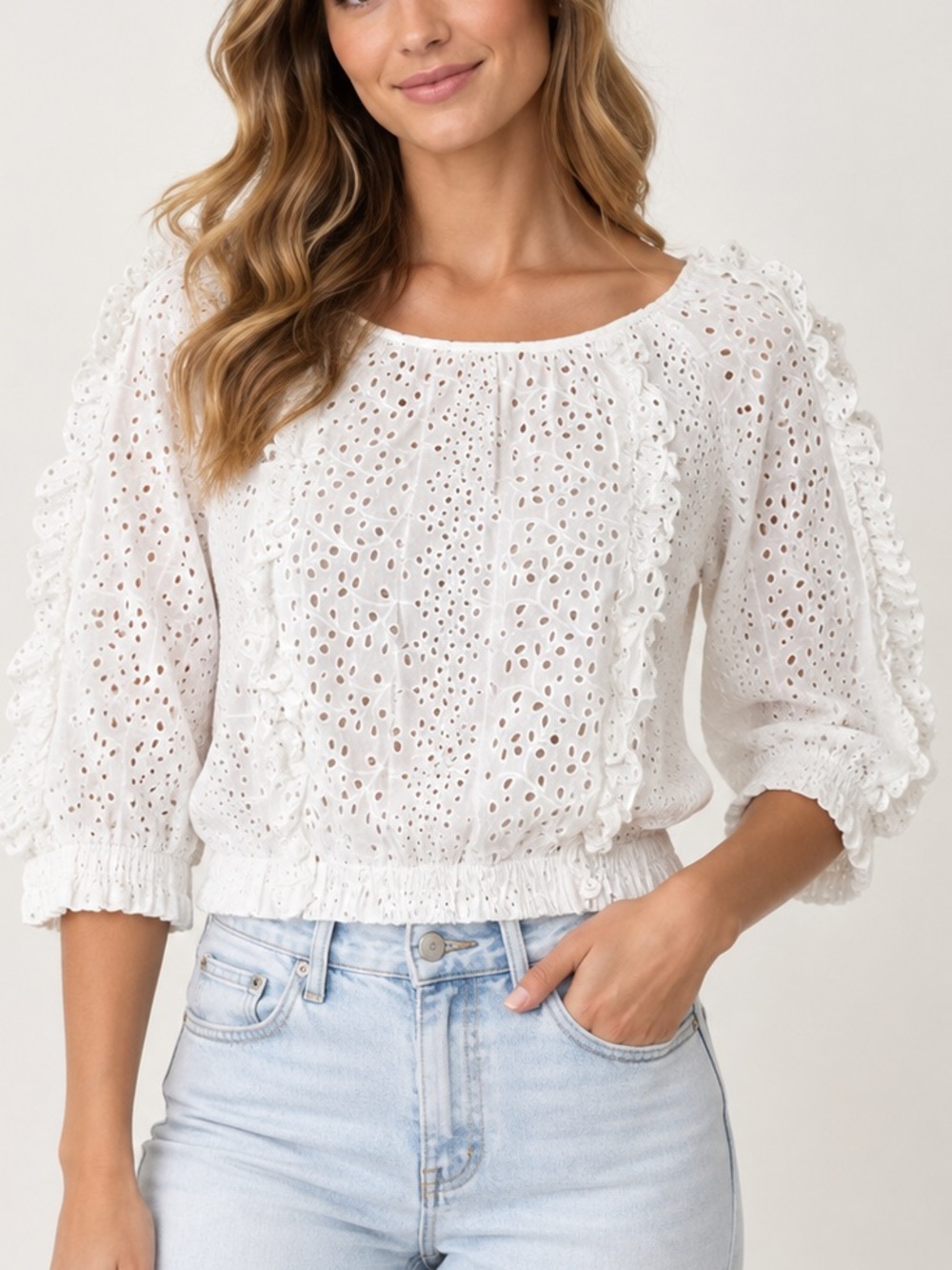 White House Black Market Eyelet Ruffle Blouse White 3/4 Sleeve Boho Size S